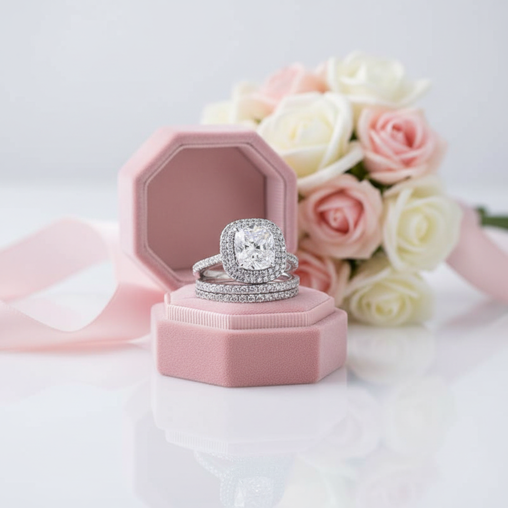 Double Halo Cushion Cut 3-Pieces Wedding Set-Black Diamonds New York