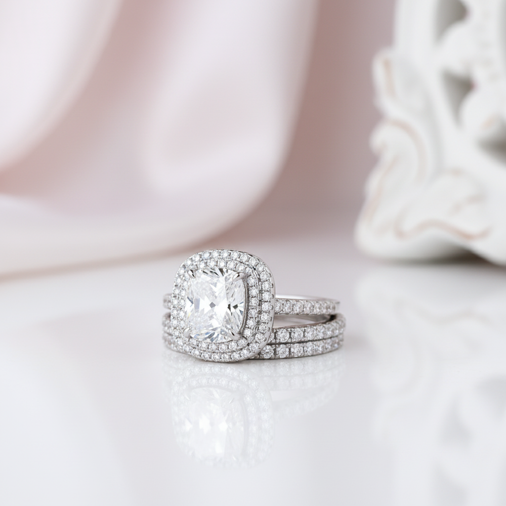 Double Halo Cushion Cut 3-Pieces Wedding Set-Black Diamonds New York