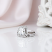 Double Halo Cushion Cut 3-Pieces Wedding Set-Black Diamonds New York