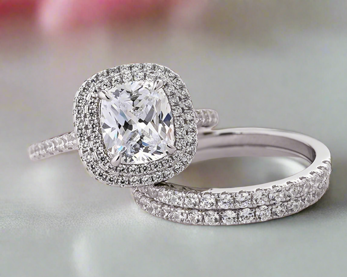 Double Halo Cushion Cut 3-Pieces Wedding Set-Black Diamonds New York