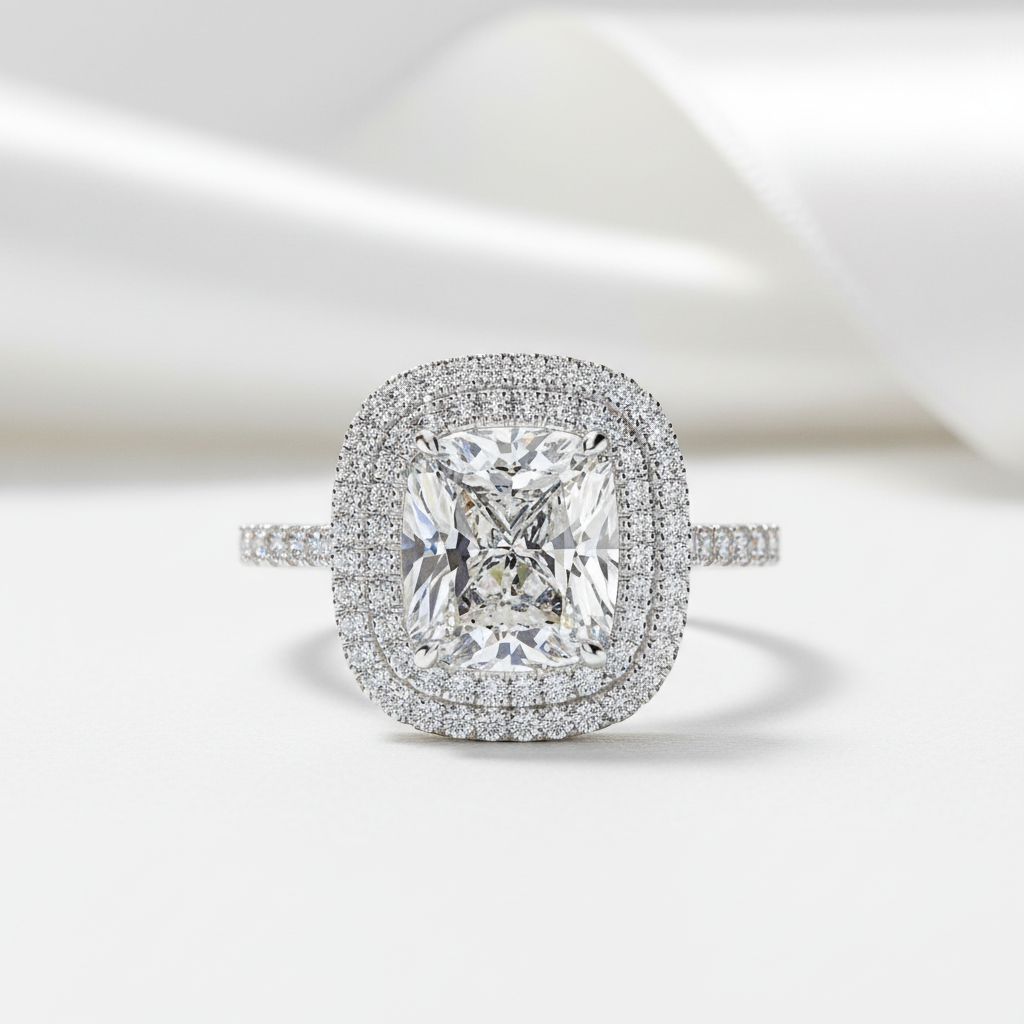 Double Halo Cushion Cut Wedding Ring Set In White Gold-Black Diamonds New York