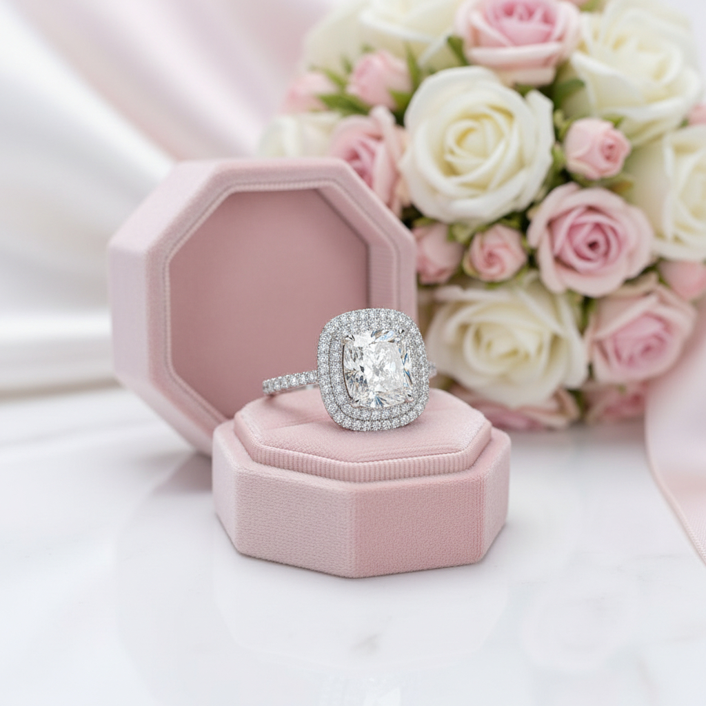 Double Halo Cushion Cut Wedding Ring Set In White Gold-Black Diamonds New York