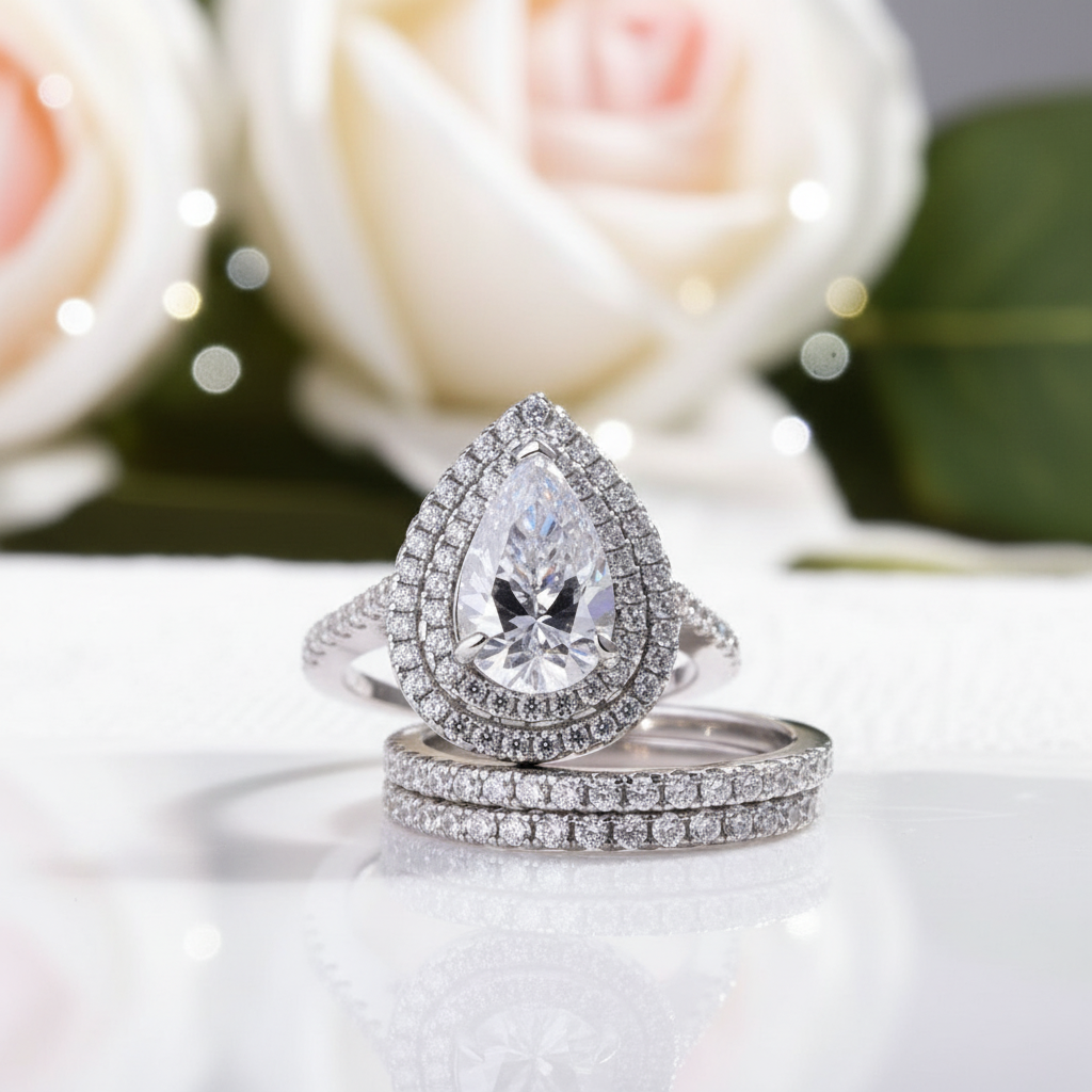 Double Halo Pear Cut 3-Pieces Wedding Set-Black Diamonds New York