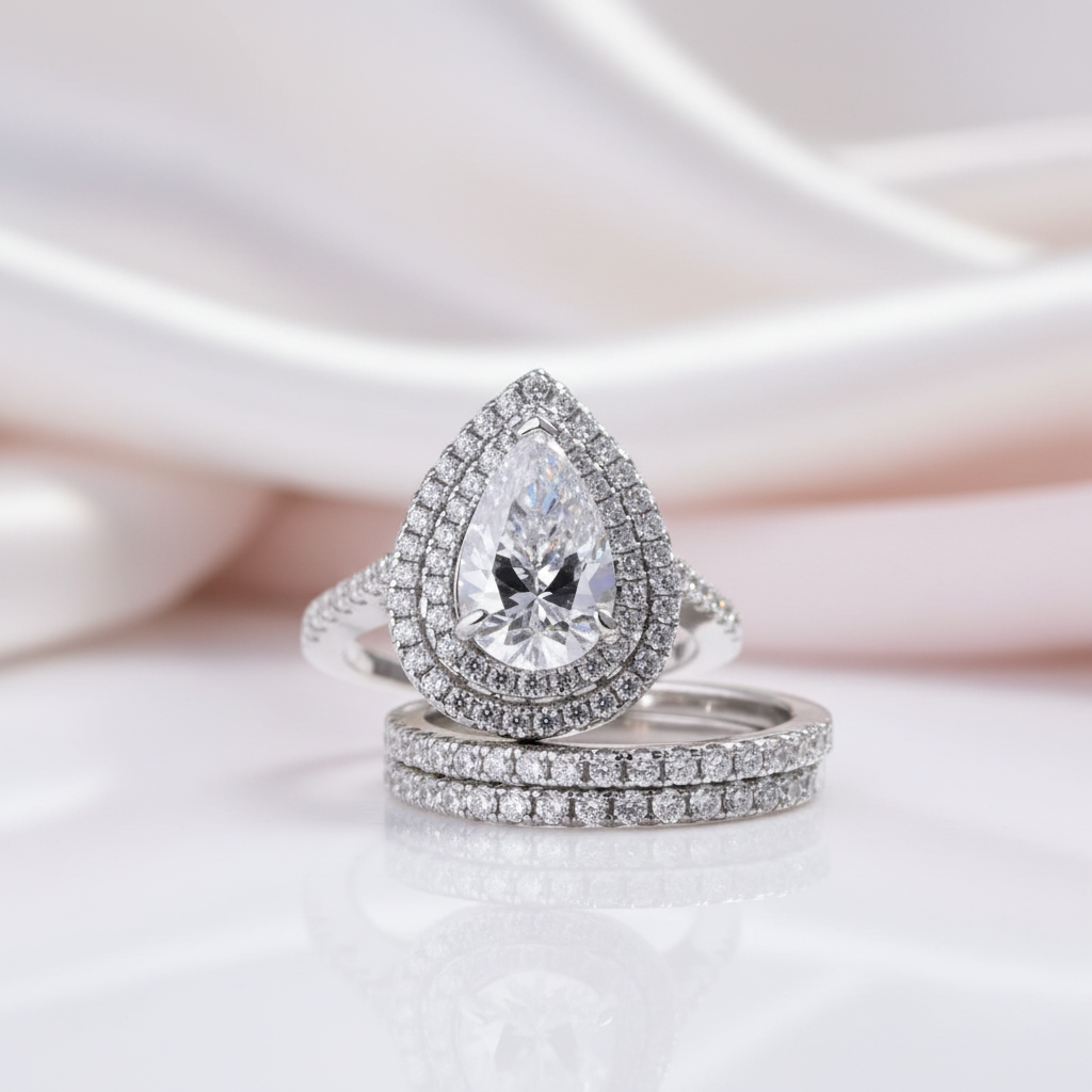 Double Halo Pear Cut 3-Pieces Wedding Set-Black Diamonds New York