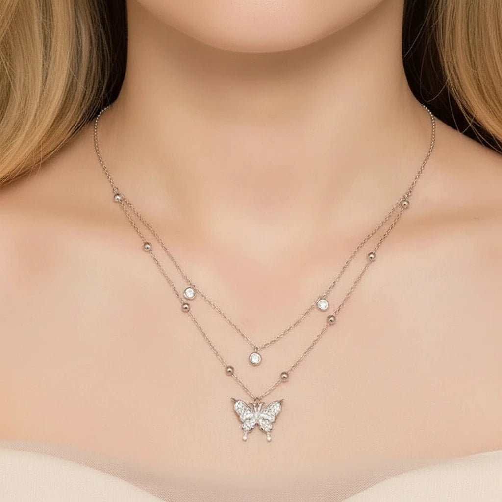 Double-layer Tassel Butterfly Pendant Necklace with Diamond Option-Black Diamonds New York