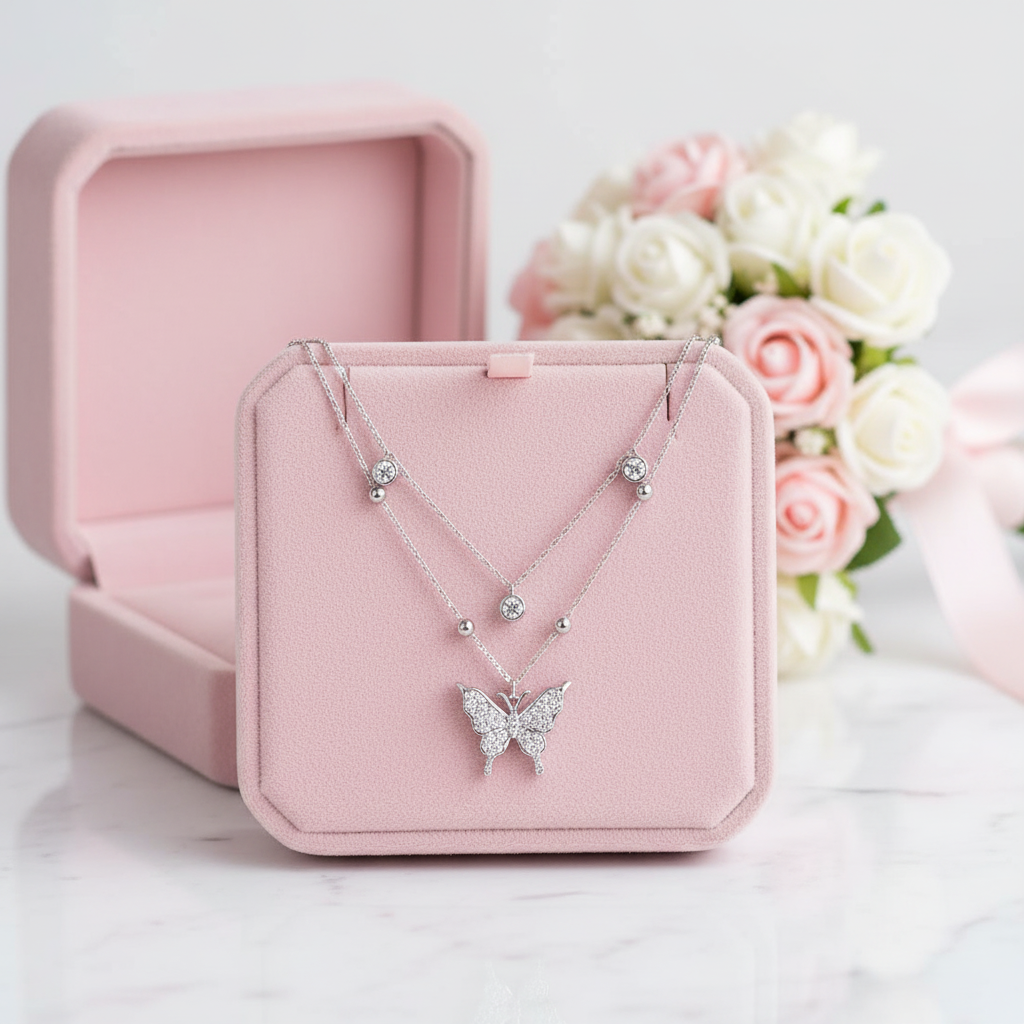 Double-layer Tassel Butterfly Pendant Necklace with Diamond Option-Black Diamonds New York