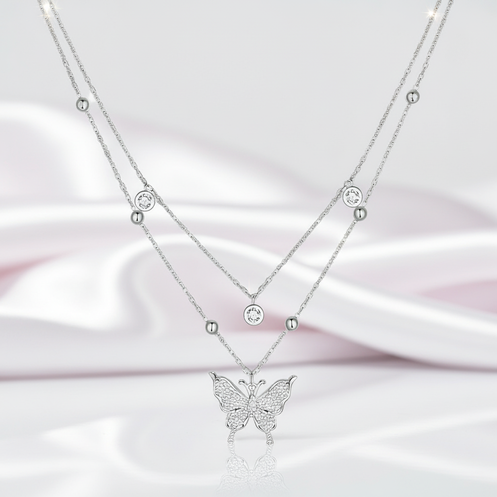 Double-layer Tassel Butterfly Pendant Necklace with Diamond-Black Diamonds New York