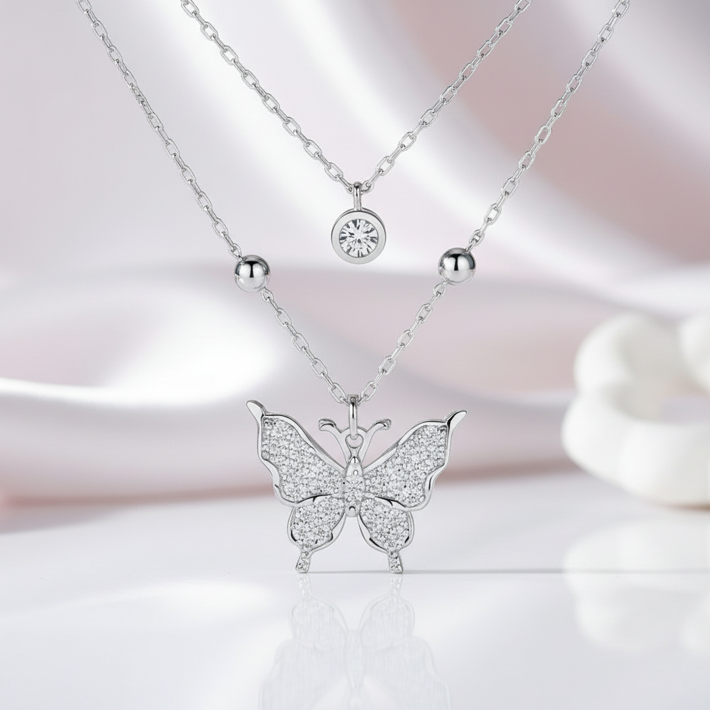 Double-layer Tassel Butterfly Pendant Necklace with Diamond-Black Diamonds New York