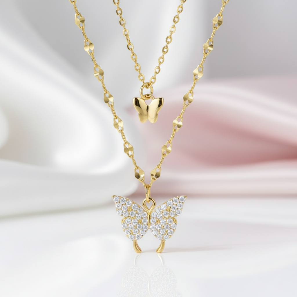 Double Layered Butterfly Pendant Necklace-Black Diamonds New York