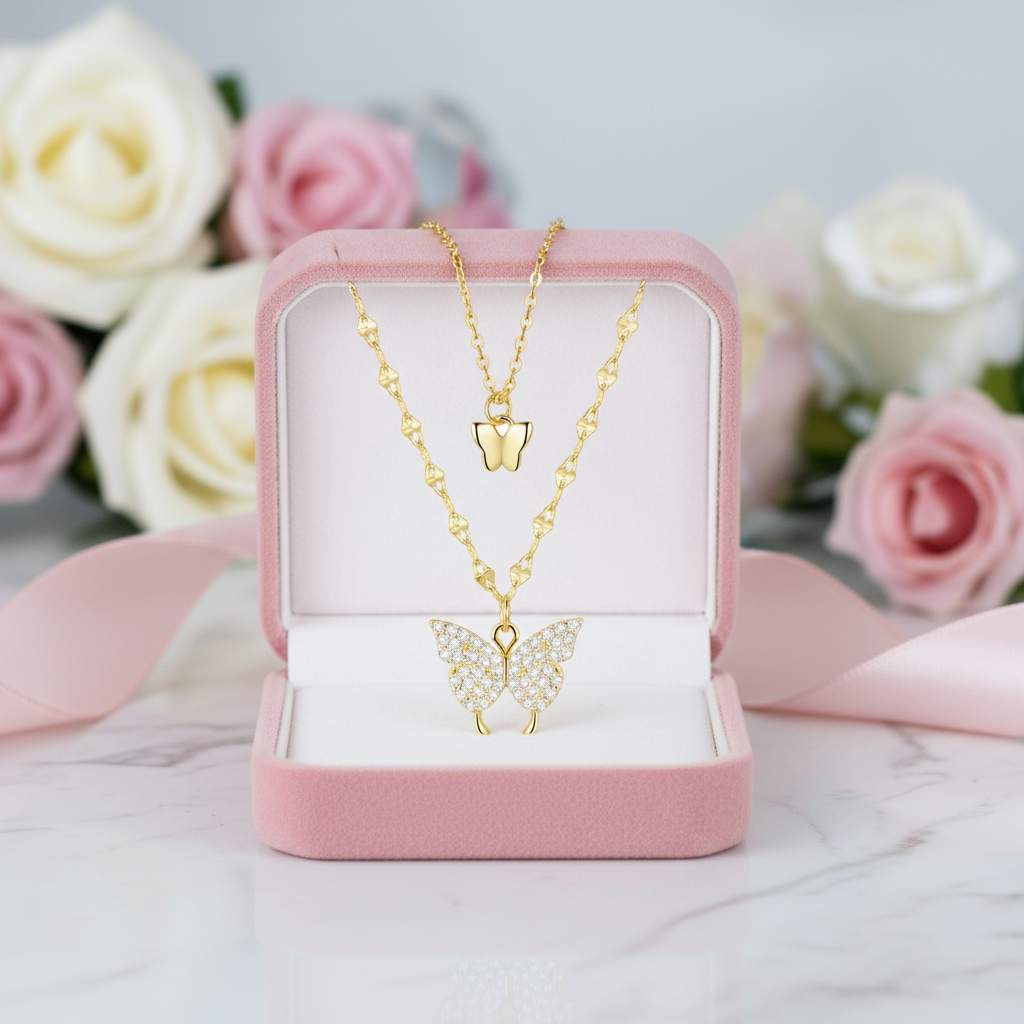 Double Layered Butterfly Pendant Necklace-Black Diamonds New York