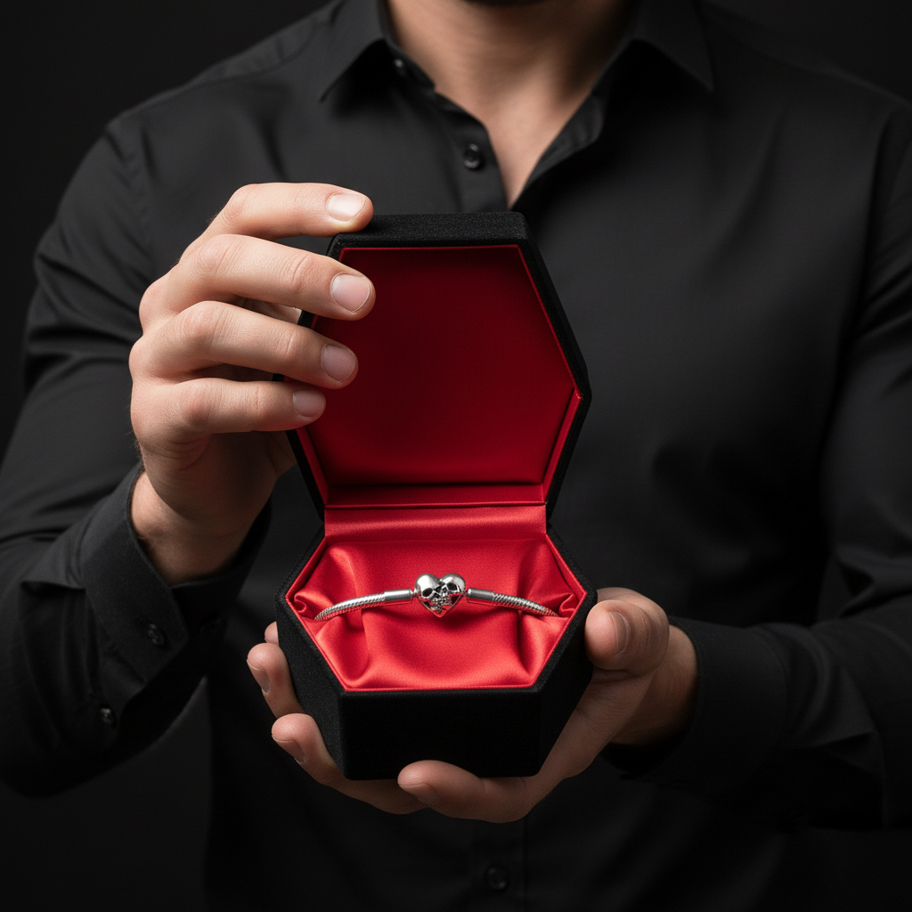 Double Skull Heart Shaped Punk Charm Bracelet-Black Diamonds New York