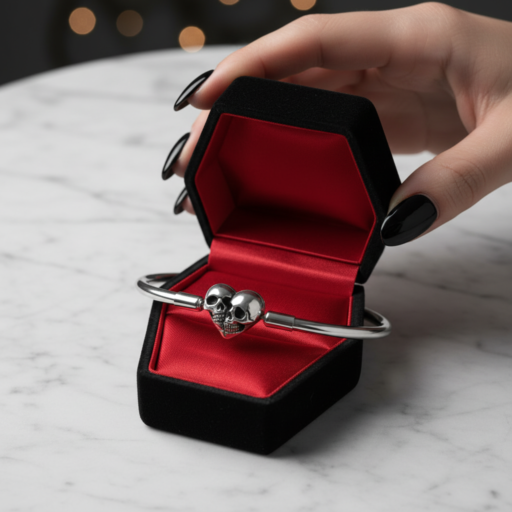 Double Skull Heart Shaped Punk Charm Bracelet-Black Diamonds New York