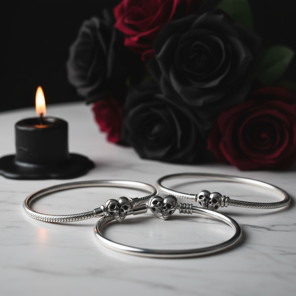 Double Skull Heart Shaped Punk Charm Bracelet-Black Diamonds New York