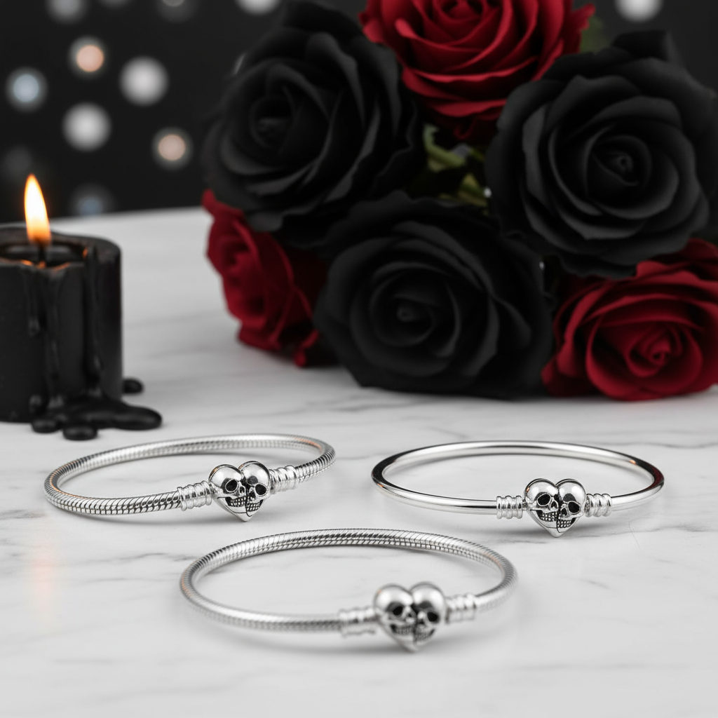 Double Skull Heart Shaped Punk Charm Bracelet-Black Diamonds New York