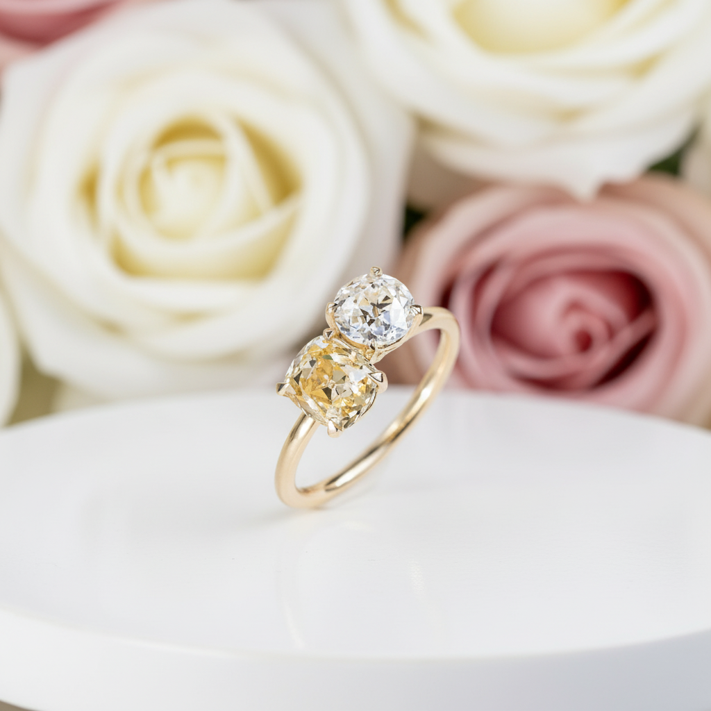 Double Stones Design Cushion & Round Cut Engagement Ring-Black Diamonds New York