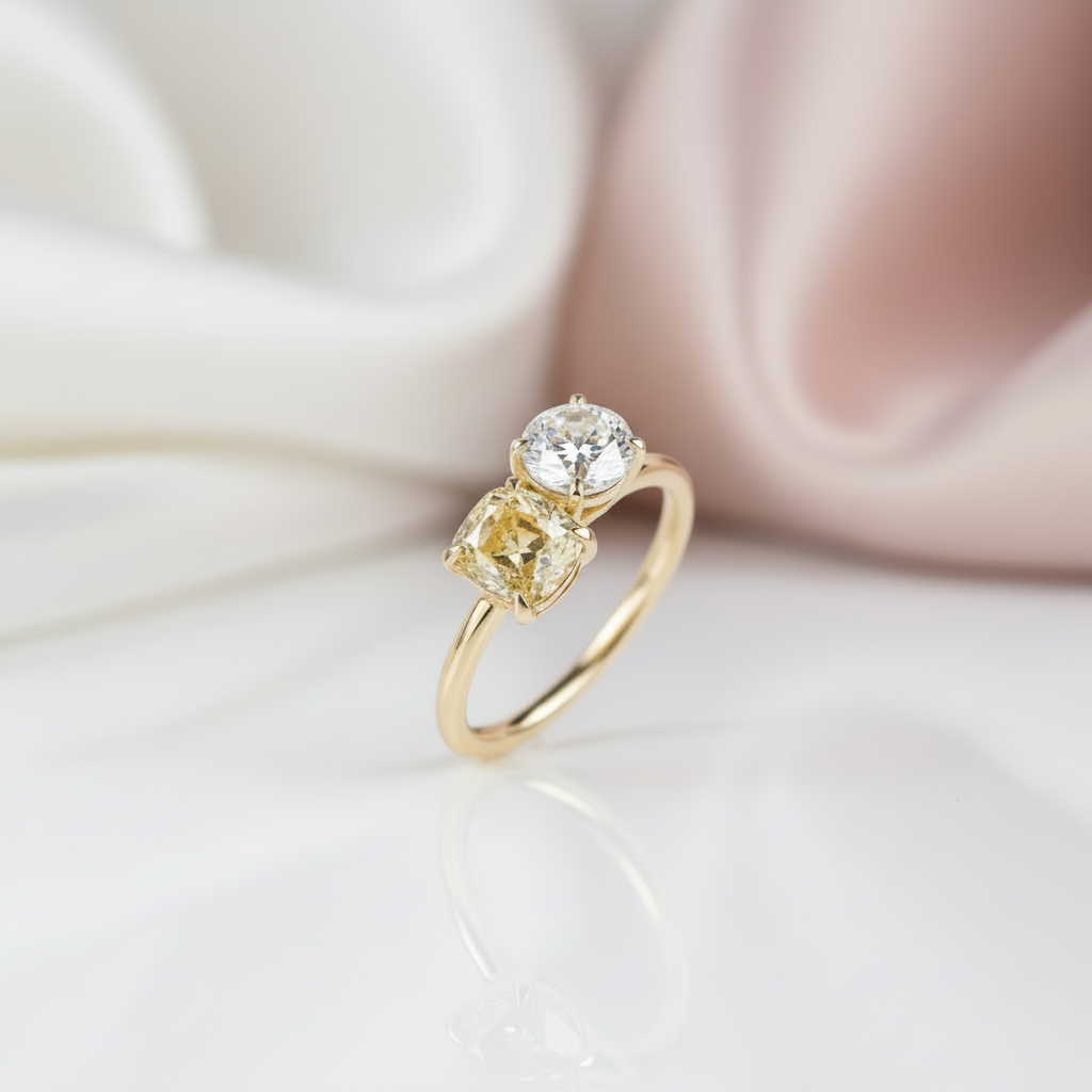 Double Stones Design Cushion & Round Cut Engagement Ring-Black Diamonds New York
