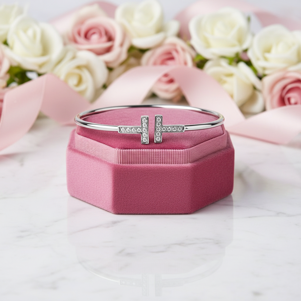 Double T Design Bangle Bracelet-Black Diamonds New York