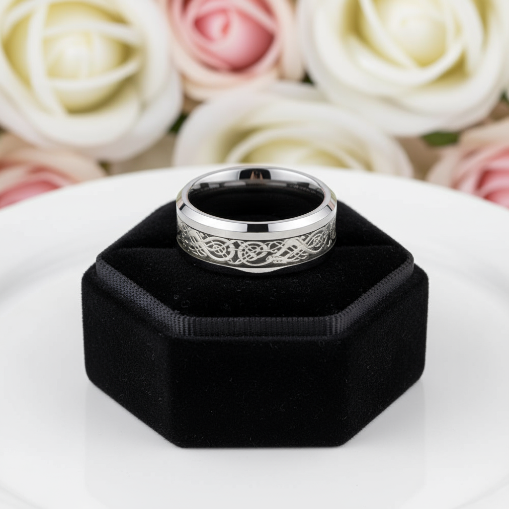 Dragon Inlay Men's Tungsten Carbide Wedding Band-Black Diamonds New York