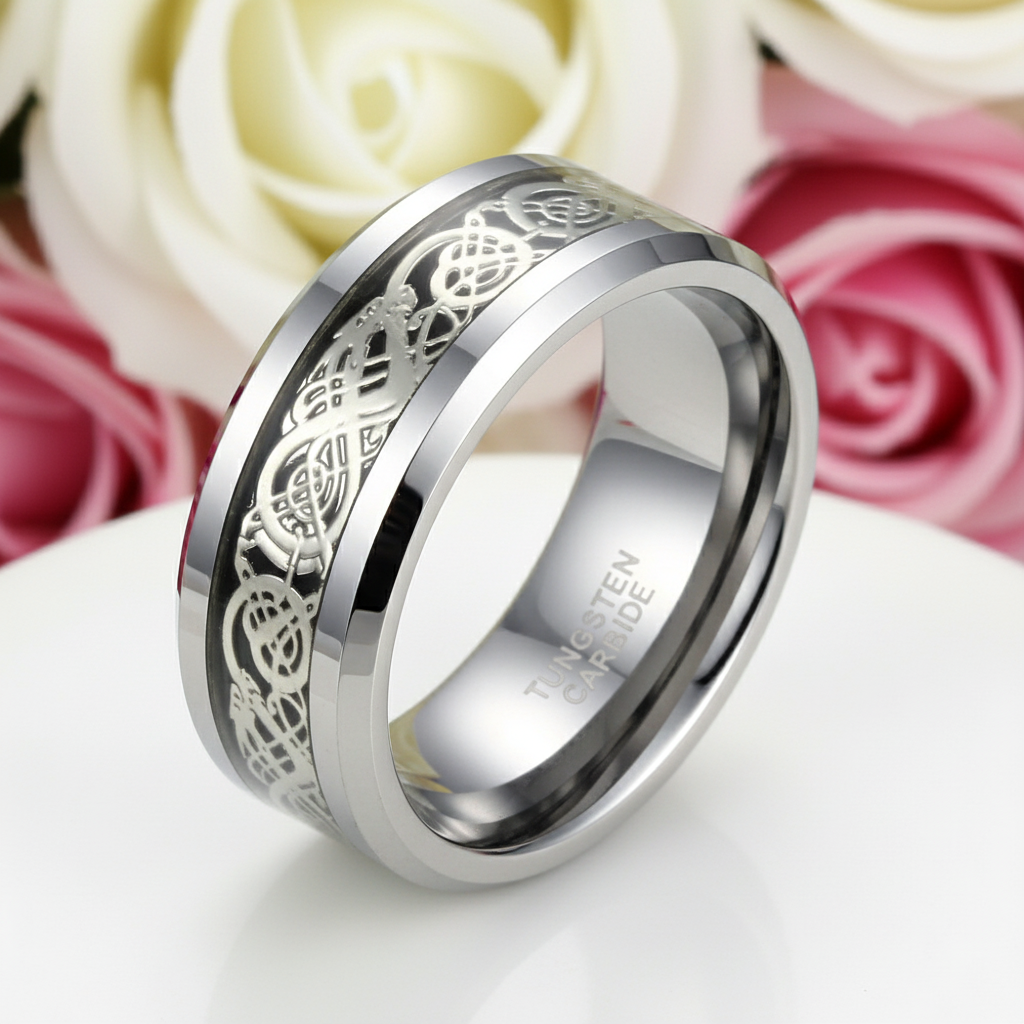 Dragon Inlay Men's Tungsten Carbide Wedding Band-Black Diamonds New York
