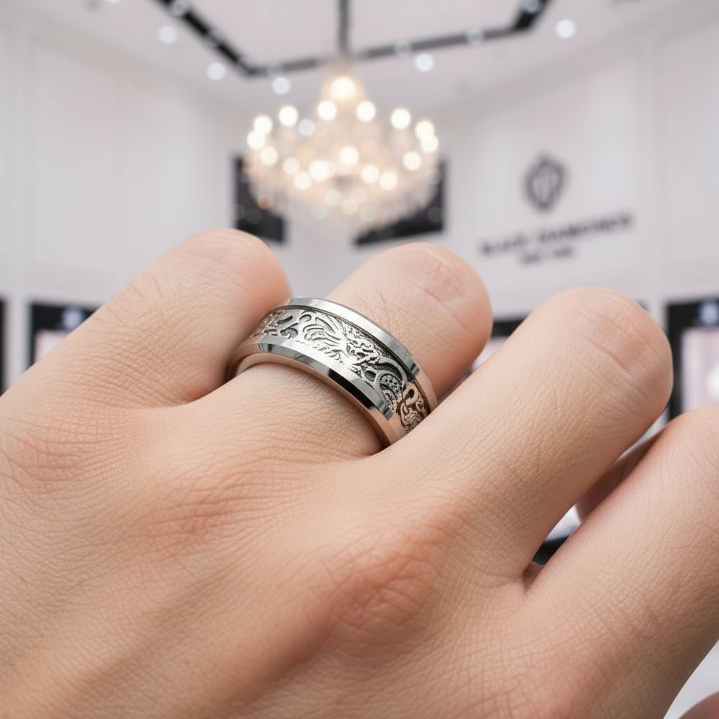 Dragon Inlay Men's Tungsten Carbide Wedding Band-Black Diamonds New York