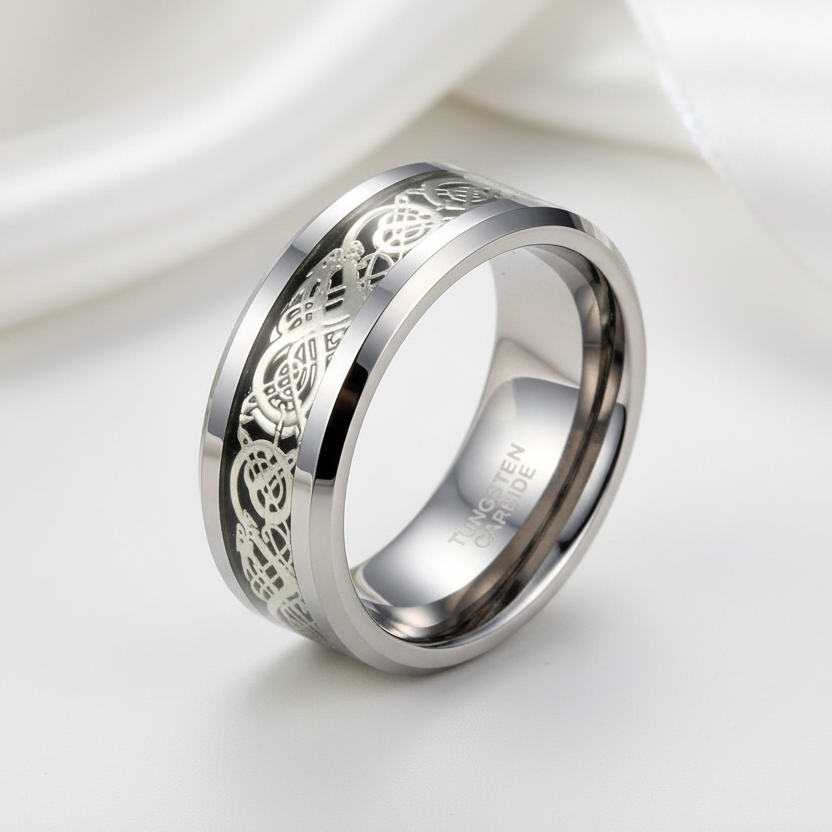 Dragon Inlay Men's Tungsten Carbide Wedding Band-Black Diamonds New York