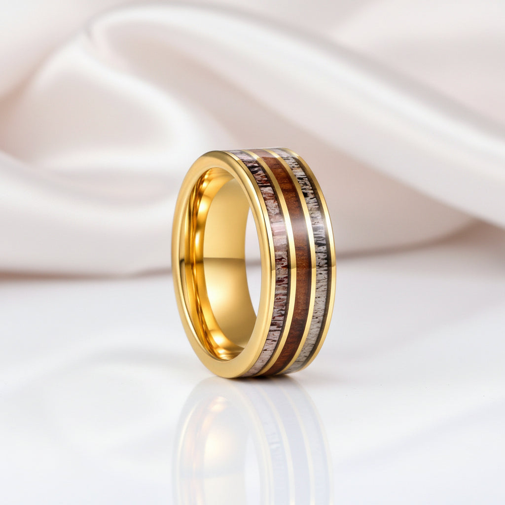 Electric Gold Inlaid Deer Antler Wood Grain Tungsten Carbide Men's Ring-Black Diamonds New York