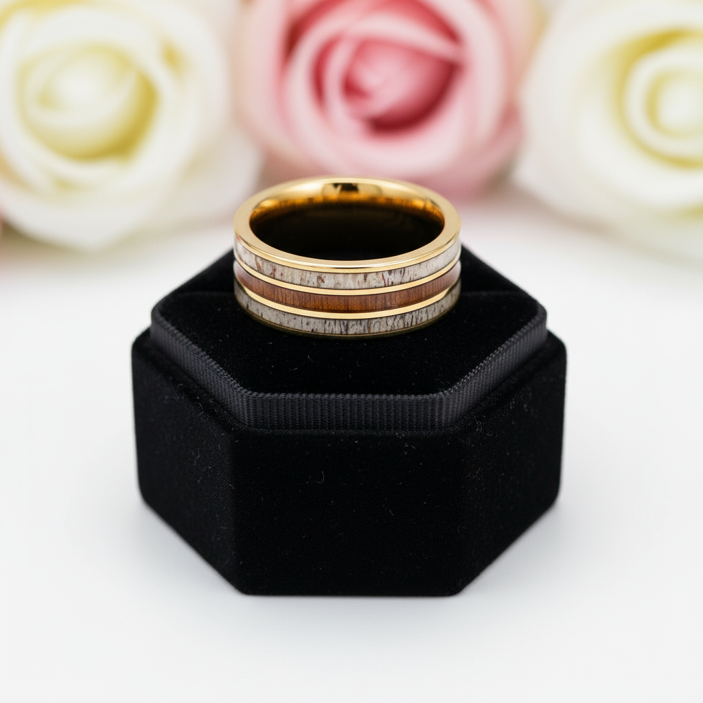 Electric Gold Inlaid Deer Antler Wood Grain Tungsten Carbide Men's Ring-Black Diamonds New York