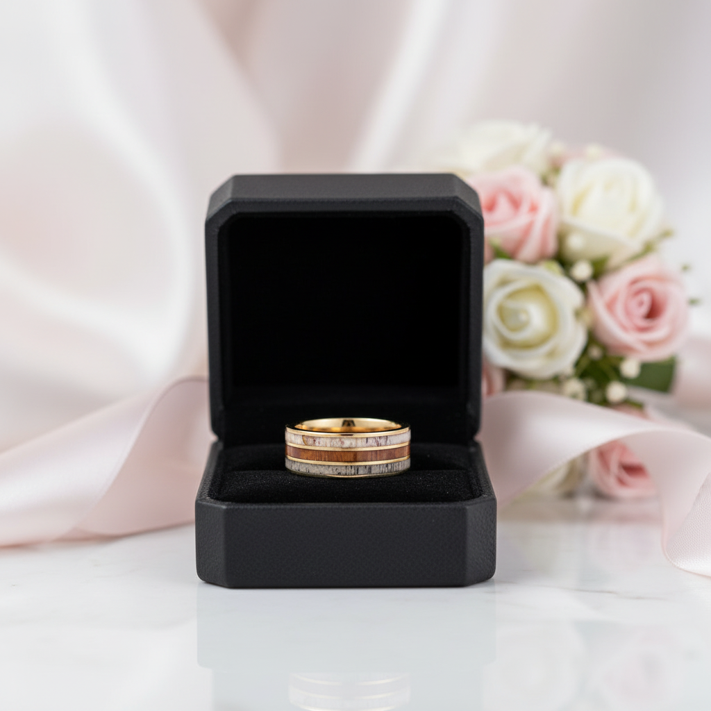 Electric Gold Inlaid Deer Antler Wood Grain Tungsten Carbide Men's Ring-Black Diamonds New York