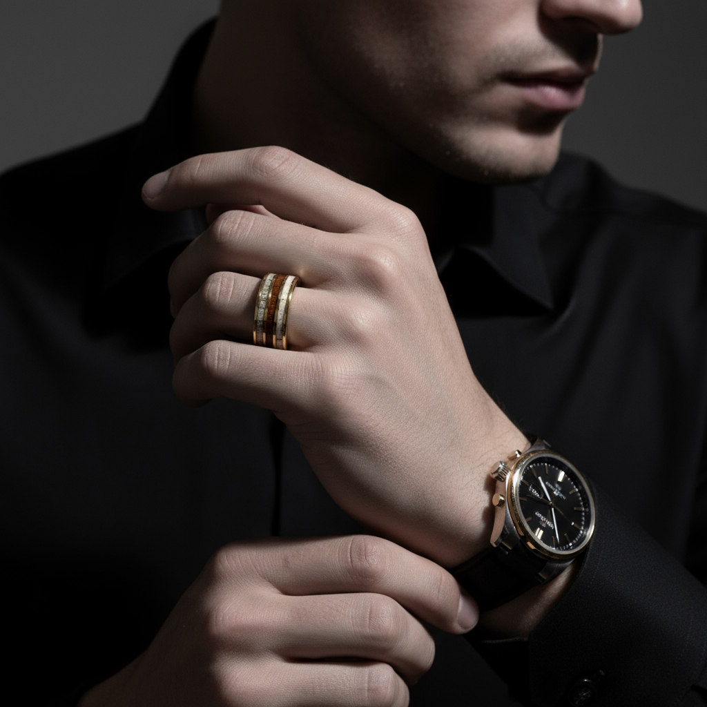 Electric Gold Inlaid Deer Antler Wood Grain Tungsten Carbide Men's Ring-Black Diamonds New York
