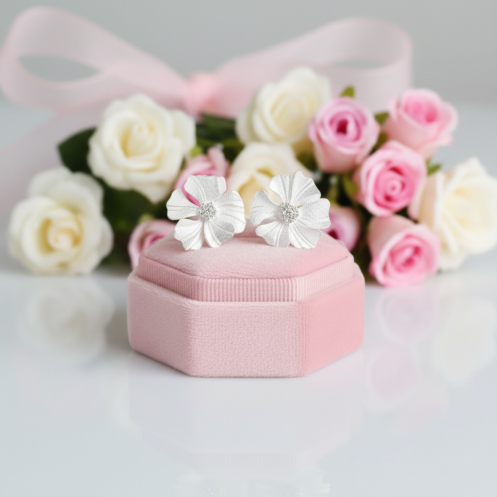 Elegant Big Peony Flower Stud Earrings-Black Diamonds New York