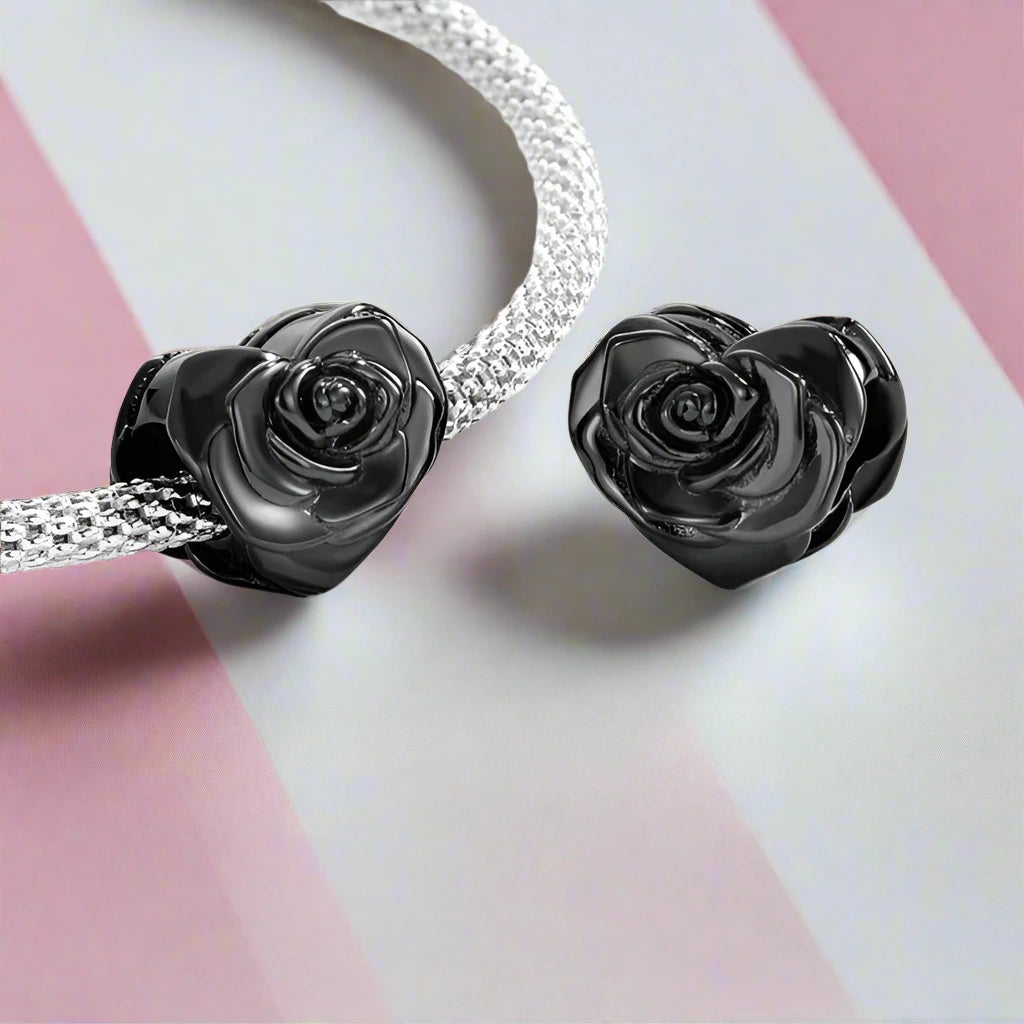 Elegant Black Rose Bead Heart Charm (Aftersale Service)-Black Diamonds New York