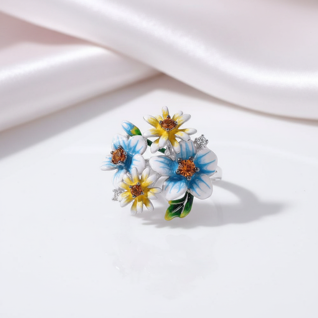 Elegant Blooming Flowers with Diamond Option Ring-Black Diamonds New York