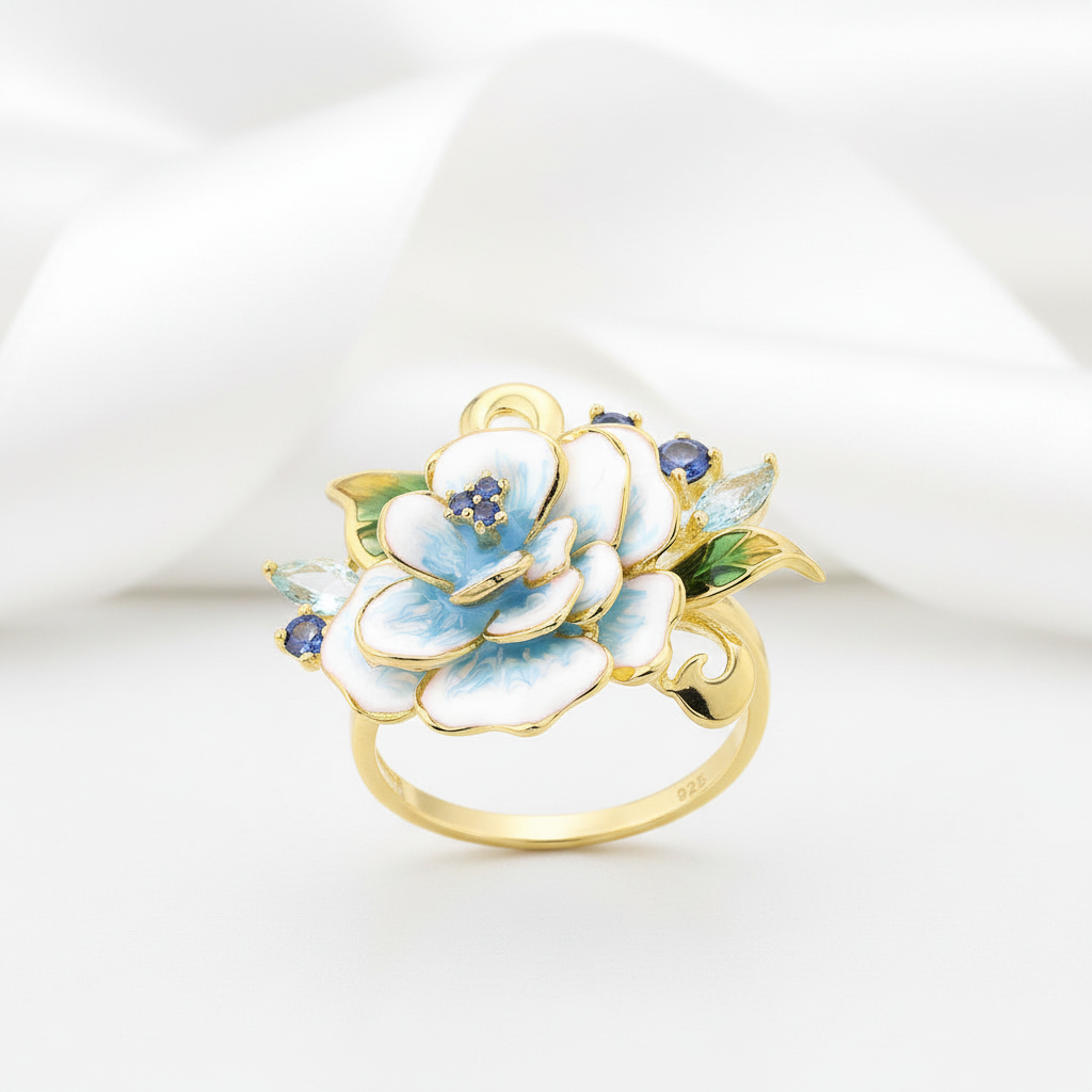 Elegant Blue Enamel Flower with Diamond Option Jewelry Set-Black Diamonds New York