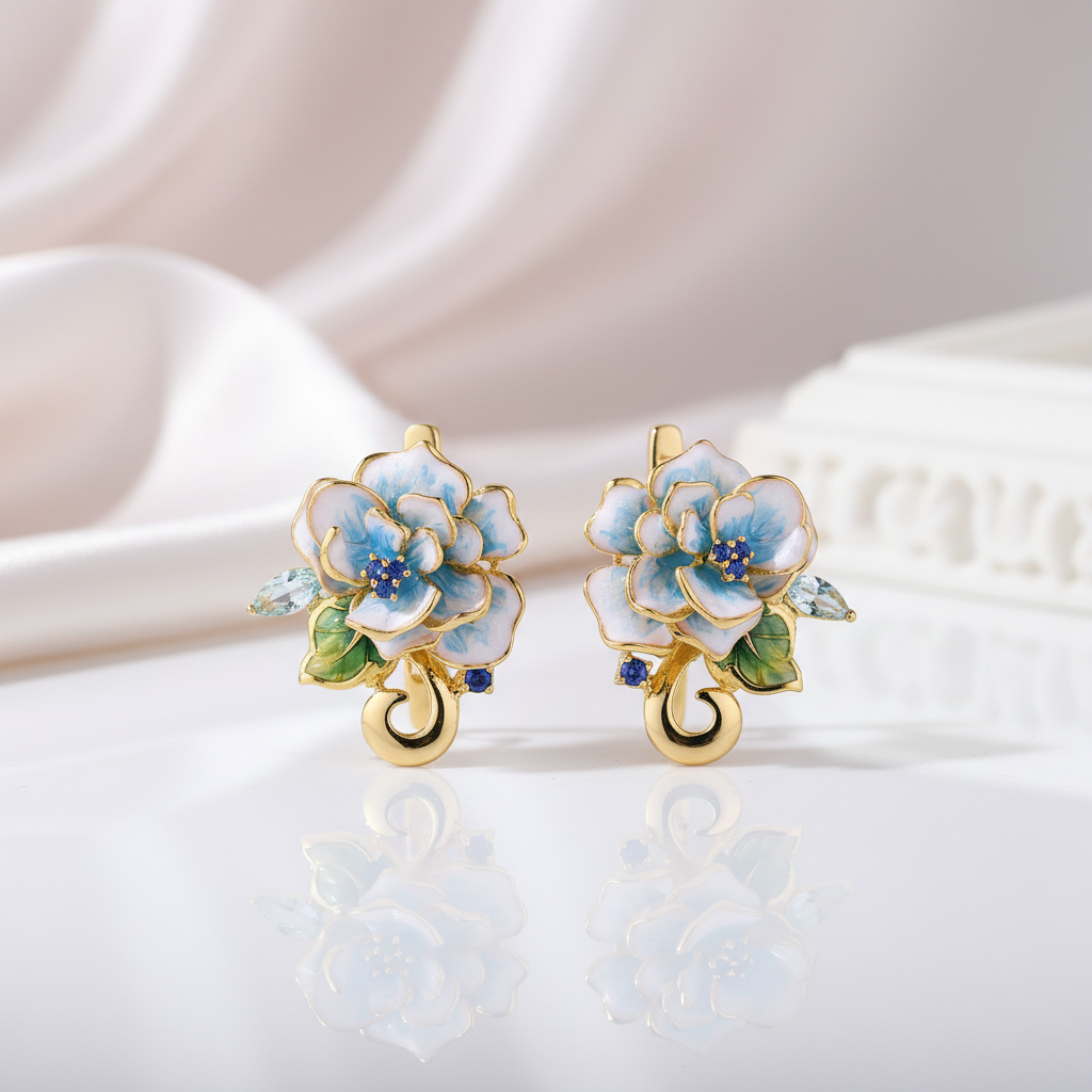 Elegant Blue Enamel Flower with Diamond Option Jewelry Set-Black Diamonds New York
