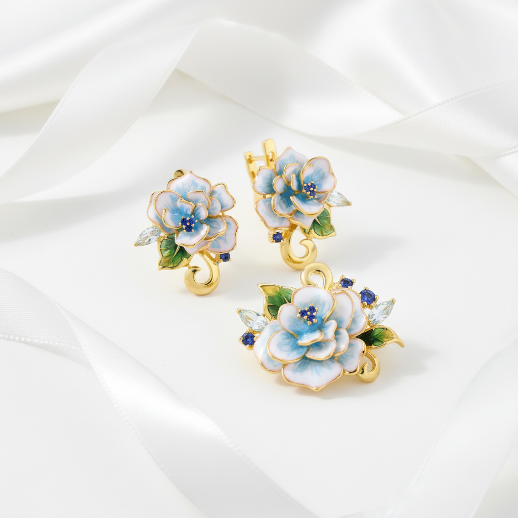 Elegant Blue Enamel Flower with Diamond Option Jewelry Set-Black Diamonds New York