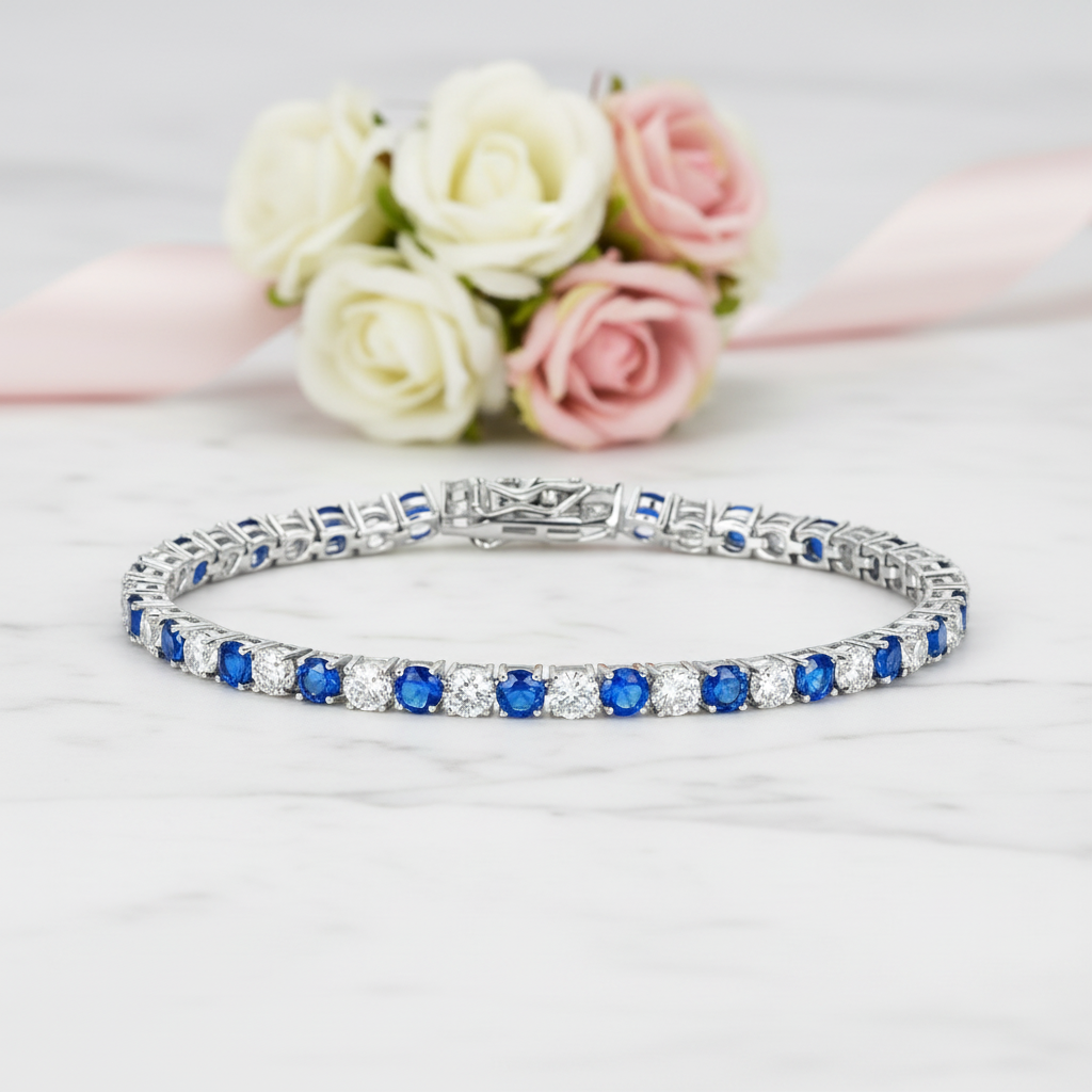 Elegant Blue Round Cut Bracelet In Sterling Silver-Black Diamonds New York