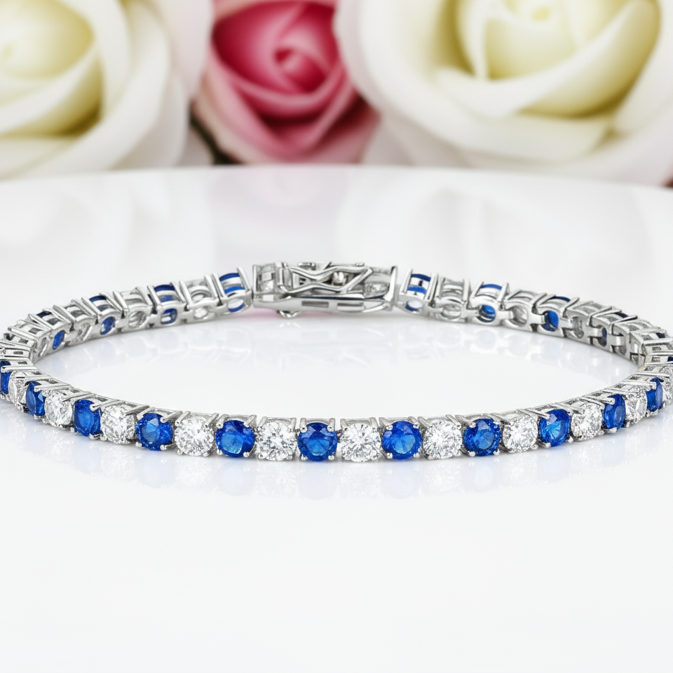 Elegant Blue Round Cut Bracelet In Sterling Silver-Black Diamonds New York