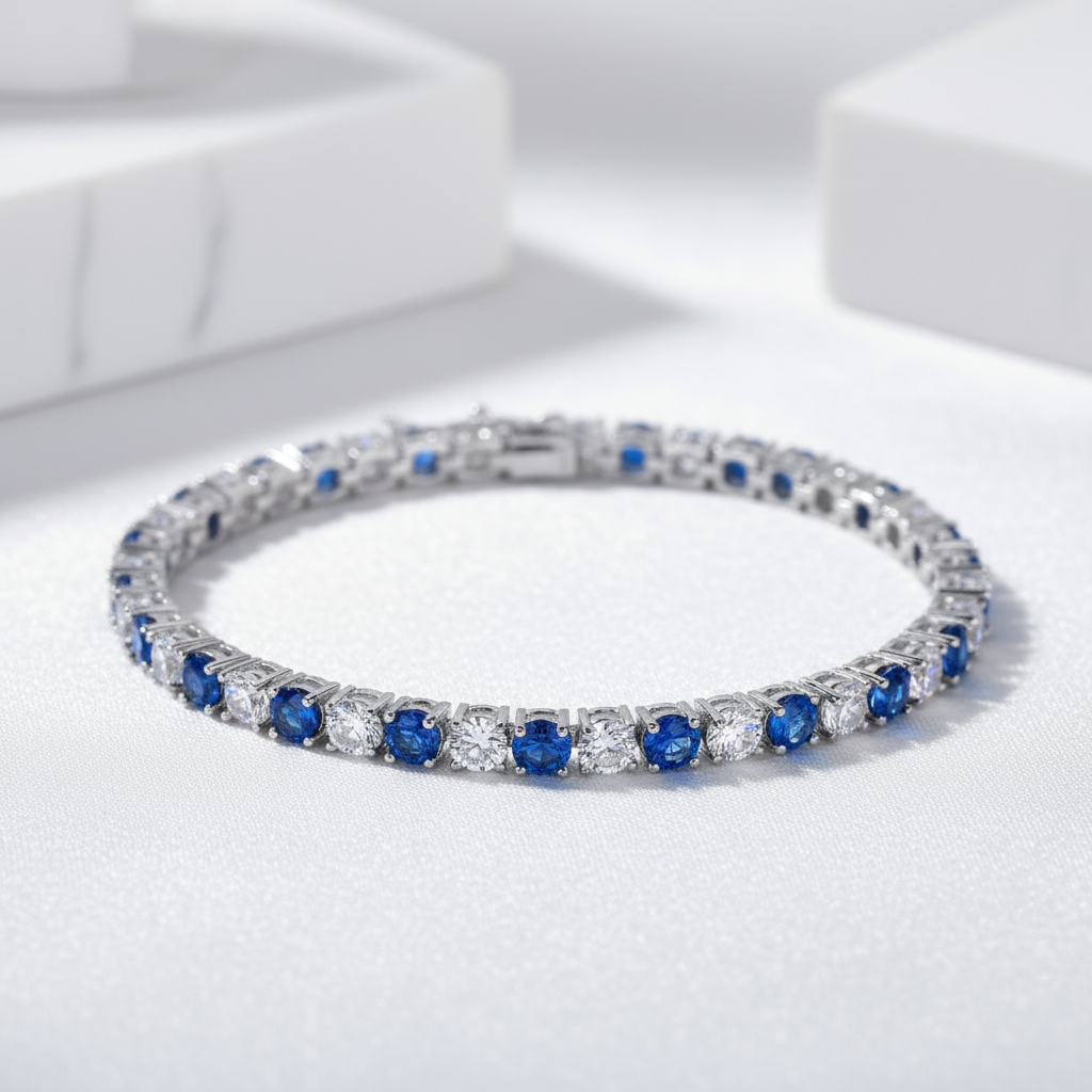 Elegant Blue Round Cut Bracelet In Sterling Silver-Black Diamonds New York