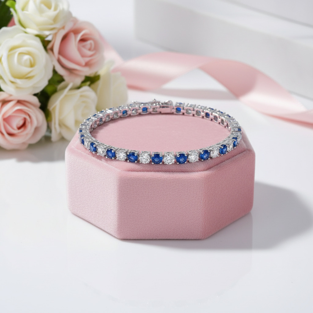 Elegant Blue Round Cut Bracelet In Sterling Silver-Black Diamonds New York