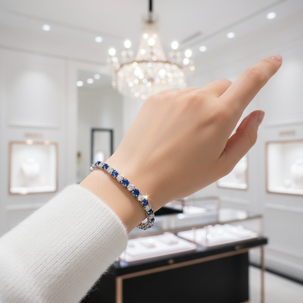 Elegant Blue Round Cut Bracelet In Sterling Silver-Black Diamonds New York