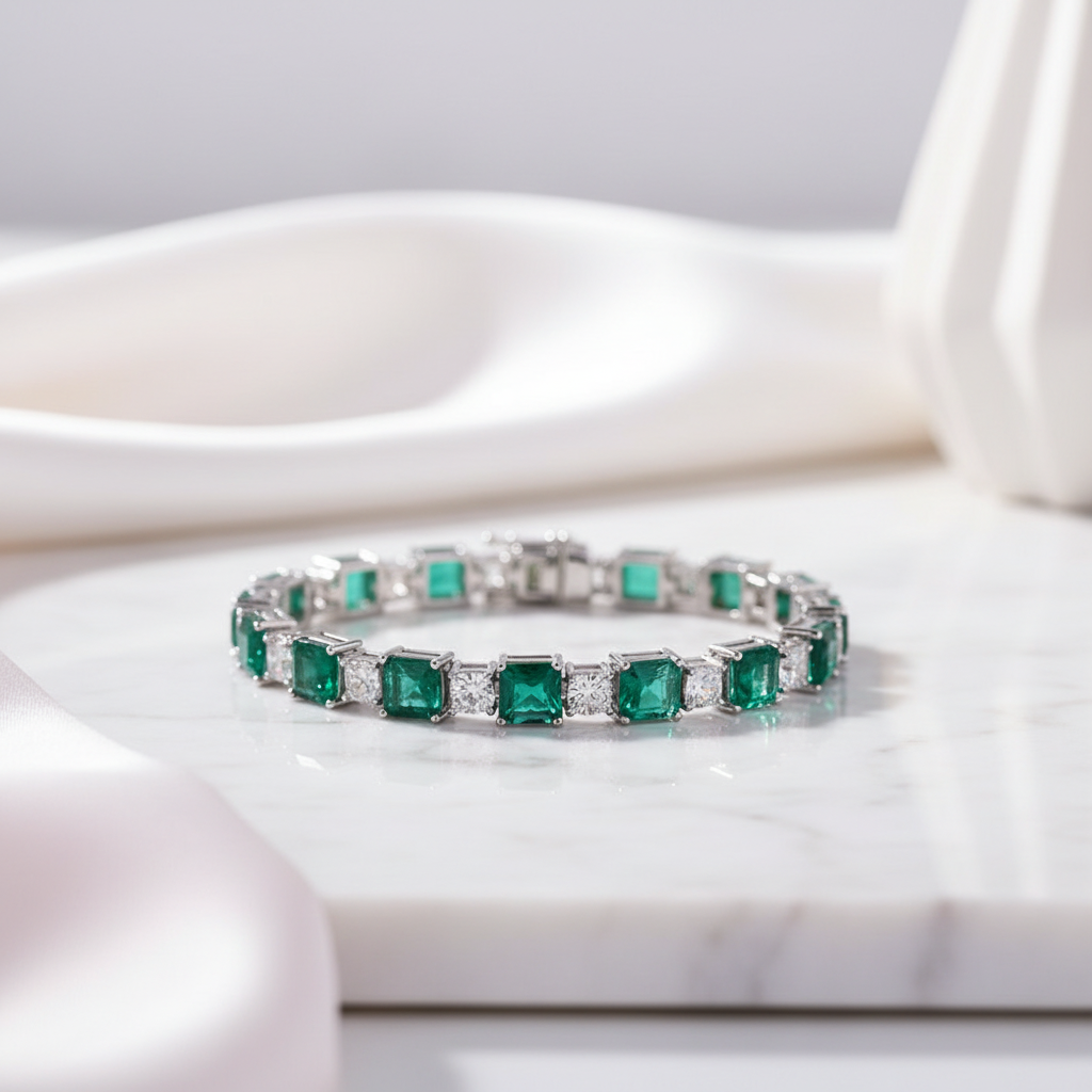 Elegant Emerald Cut Bracelet In Sterling Silver-Black Diamonds New York