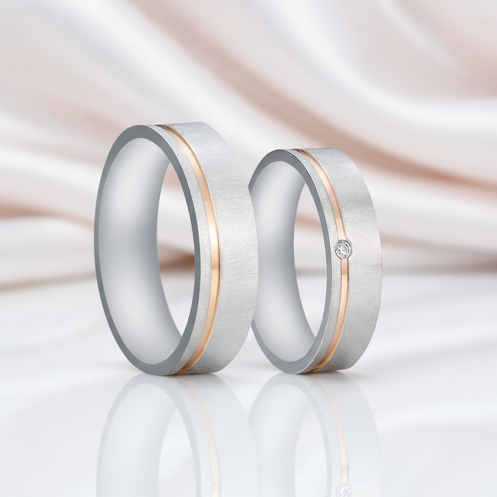 Elegant Diamond Option Mass Brushed Rose Gold Stripe Wedding Band-Black Diamonds New York