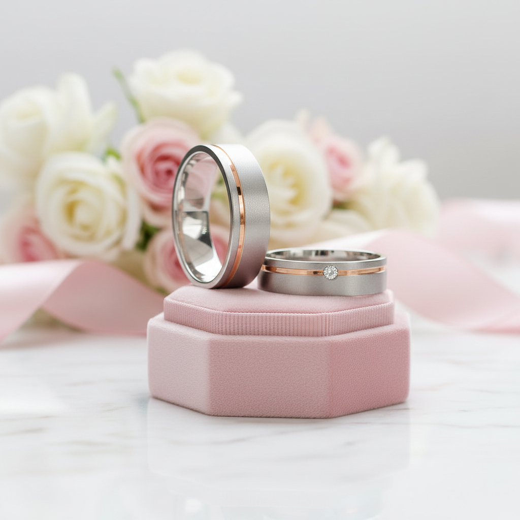 Elegant Diamond Option Mass Brushed Rose Gold Stripe Wedding Band-Black Diamonds New York