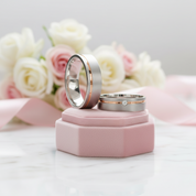 Elegant Diamond Option Mass Brushed Rose Gold Stripe Wedding Band-Black Diamonds New York