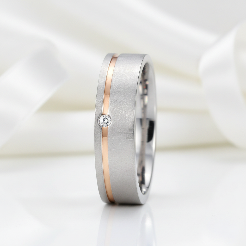 Elegant Diamond Option Mass Brushed Rose Gold Stripe Wedding Band-Black Diamonds New York