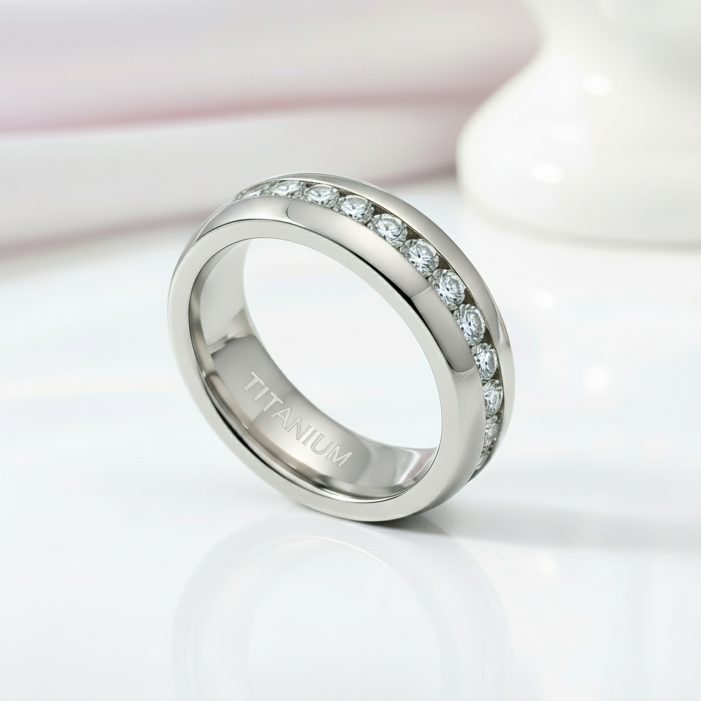 Elegant Infinity Diamond Titanium Wedding Band-Black Diamonds New York