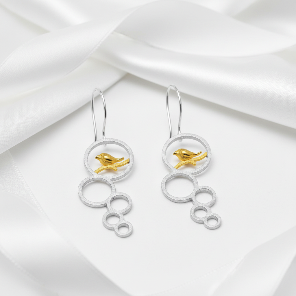 Elegant Flower Bird Dangle Earrings-Black Diamonds New York
