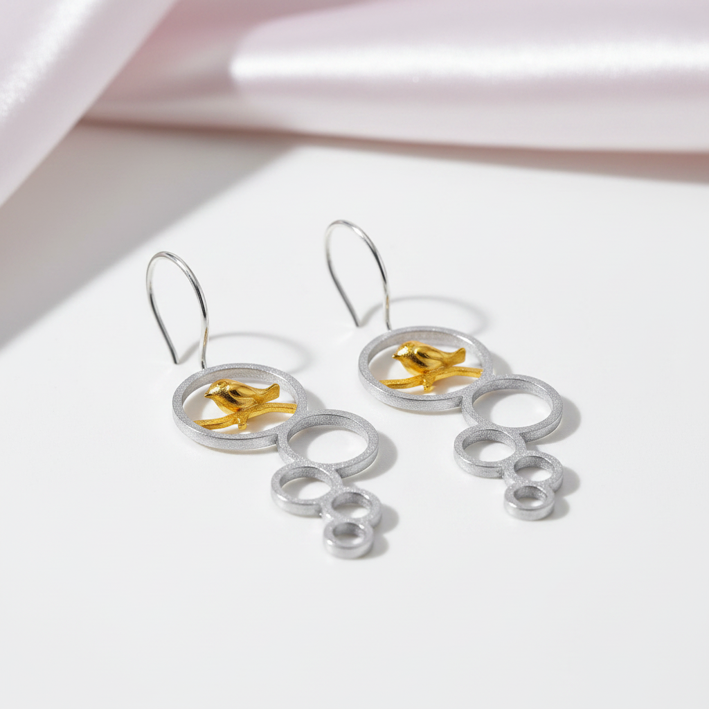 Elegant Flower Bird Dangle Earrings-Black Diamonds New York