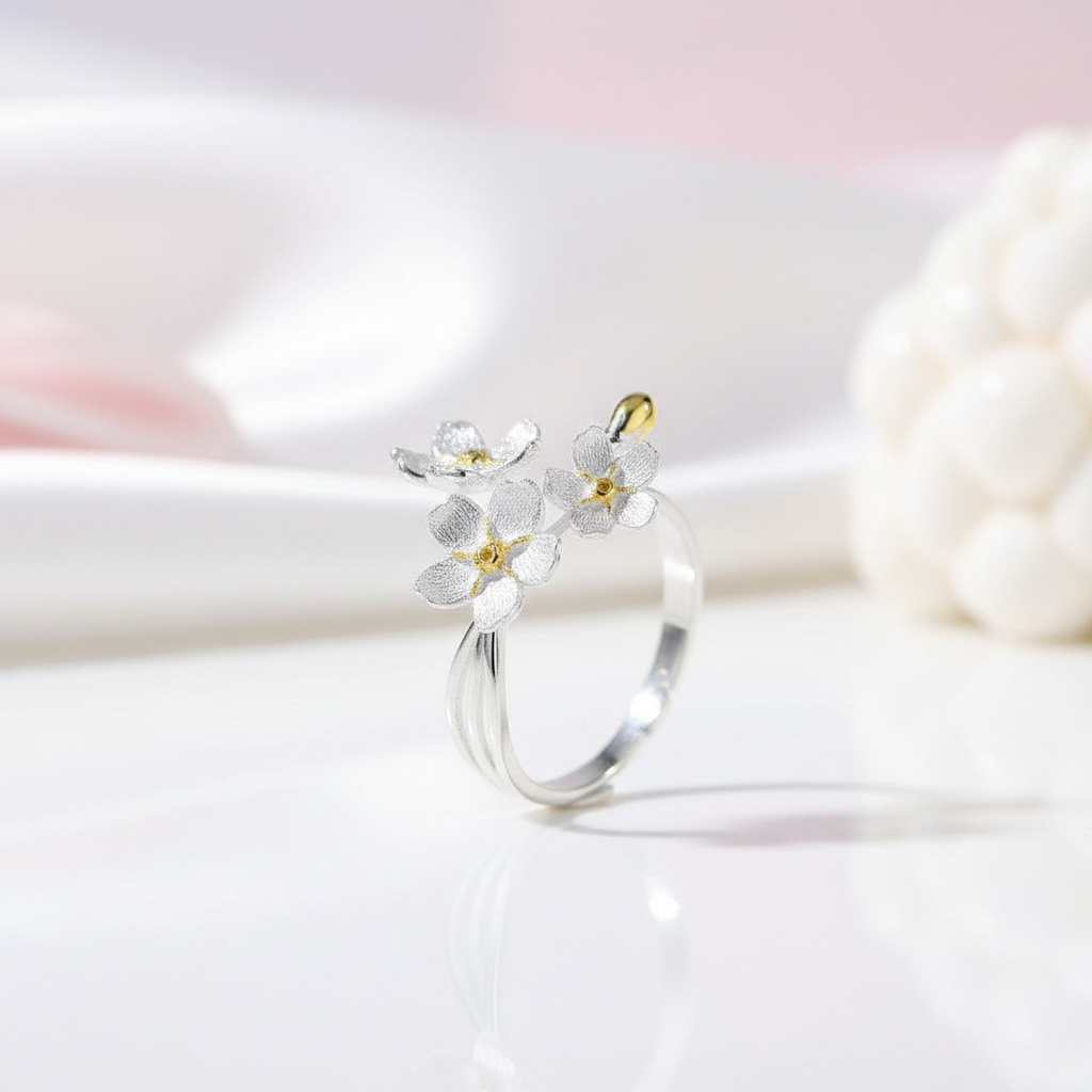 Elegant Forget-Me-Not Flower Adjustable Ring-Black Diamonds New York