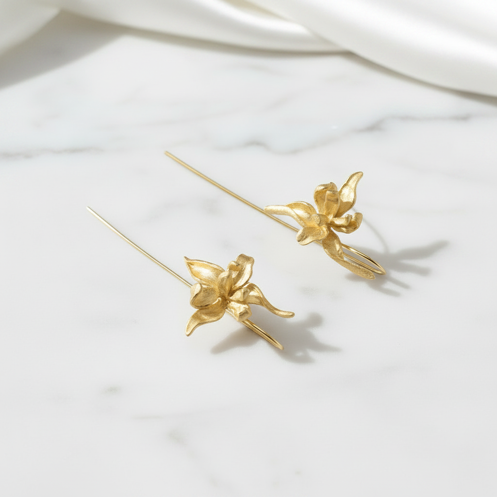 Elegant Iris Flower Dangle Earrings-Black Diamonds New York